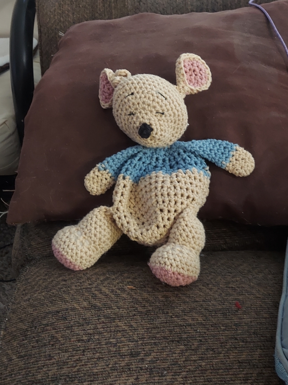 Handmade Crochet Stuffed Roo Snuggle Toy in Beige and Blue